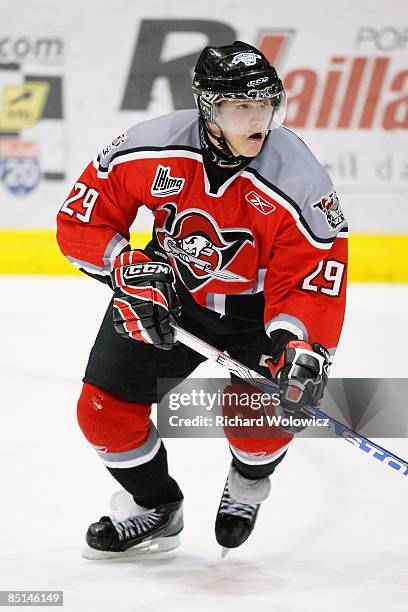Dmitry Kulikov of the Drummondville Voltigeurs skates during the game against the Rimouski Oceanic at the Centre Marcel Dionne on February 22, 2009...