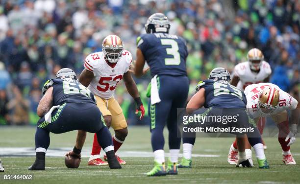 NaVorro Bowman of the San Francisco 49ers eyes the quarterback during the game against the Seattle Seahawks at CenturyLink Field on September 17,...