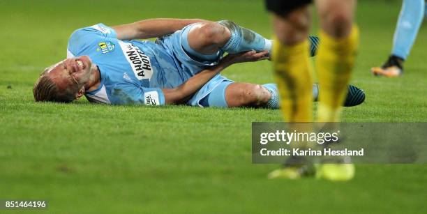 Dennis Grote of Chemnitz on the ground during the 3.Liga match between Chemnitzer FC and SC Fortuna Koeln at Community4you Arena on September 20,...