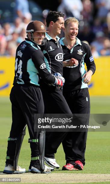 Surrey's Gary Wilson, Jon Lewis and Gareth Batty celebrate the wicket of Darren Stevens during the Friends Life T20 match at Canterbury, Kent.