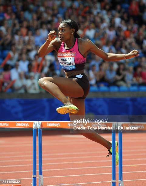 Great Britain's Perri Shakes- Drayton on her way to winning the Women's 400m Hurdles during day two of the Birmingham Diamond League athletics...