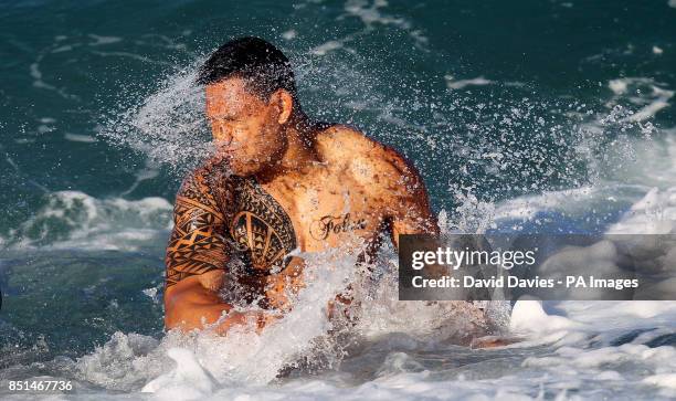 Australia's Israel Folau during a recovery session at Coogee Beach, Sydney in Australia.