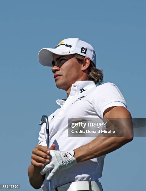 Camilo Villegas of Colombia tees off the 3rd hole during the third round of the Accenture Match Play Championships at the Ritz-Carlton Golf Club at...