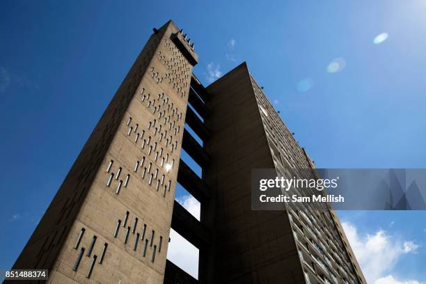 Balfron Tower on 27th April 2016 in London, United Kingdom. The architecturally important Balfron Tower is a 26-storey residential building in...