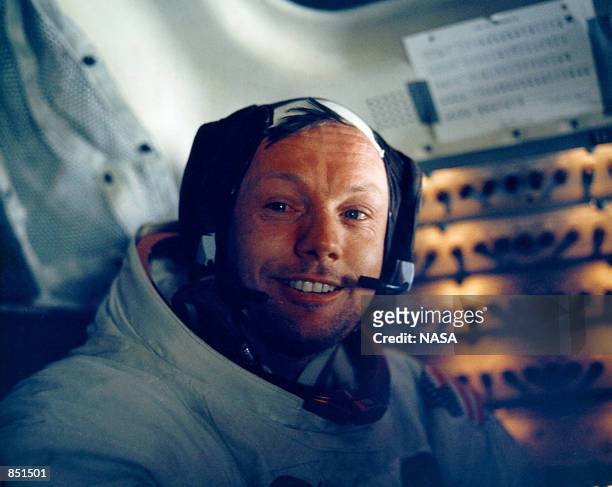 Astronaut Neil Armstrong smiles inside the Lunar Module July 20, 1969. The 30th anniversary of the Apollo 11 Moon landing mission is celebrated July...
