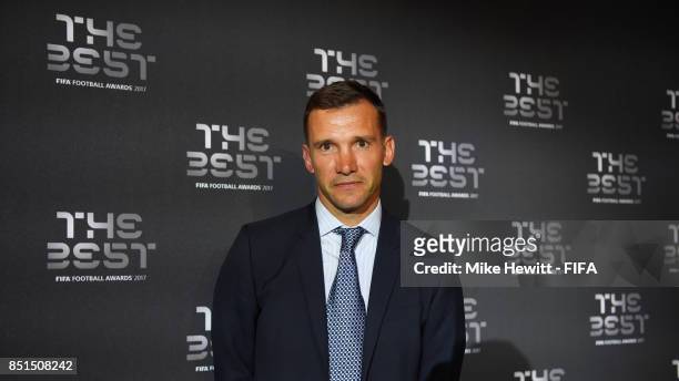 Legend Andriy Shevchenko poses during The Best FIFA Football Awards 2017 press conference at The Bloomsbury Ballroom on September 22, 2017 in London,...