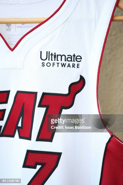 Close up shot of the Miami Heat jersey patch during the announcement of their sponsorship with Ultimate Software on September 21, 2017 in Miami,...