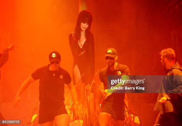 Entertainer Elvira, aka Cassandra Peterson performs her new show "Elvira, Mistress Of The Dark" at Knott's Scary Farm at Knott's Berry Farm on...