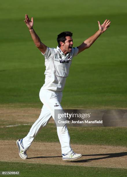 Tim Groenewald of Somerset appeals unsuccessfully during day four of the Specsavers County Championship Division One match between Surrey and...