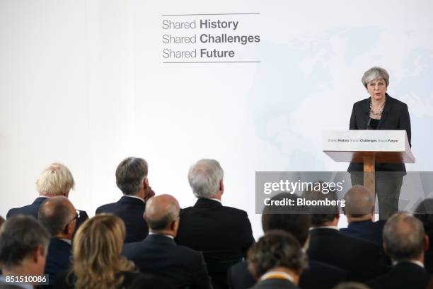 Theresa May, U.K. Prime minister, delivers a speech at Complesso Santa Maria Novella in Florence, Italy, on Friday, Sept. 22, 2017. May will on...