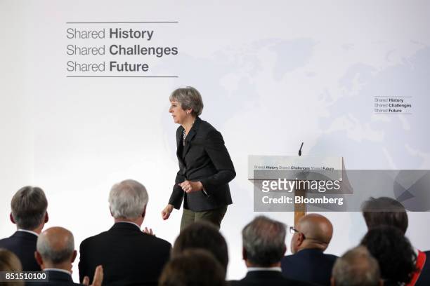 Theresa May, U.K. Prime minister, delivers a speech at Complesso Santa Maria Novella in Florence, Italy, on Friday, Sept. 22, 2017. May will on...