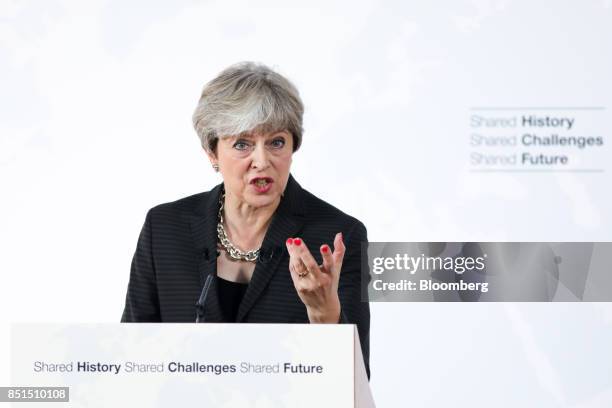 Theresa May, U.K. Prime minister, gestures while answering questions following a speech at Complesso Santa Maria Novella in Florence, Italy, on...