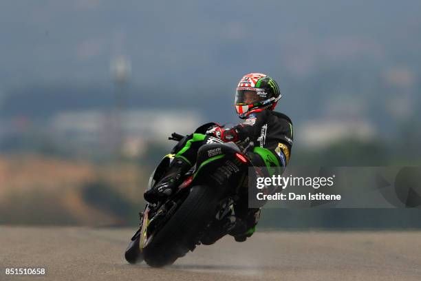 Johann Zarco of France and Monster Yamaha Tech 3 looks back as he rides during practice for the MotoGP of Aragon at Motorland Aragon Circuit on...
