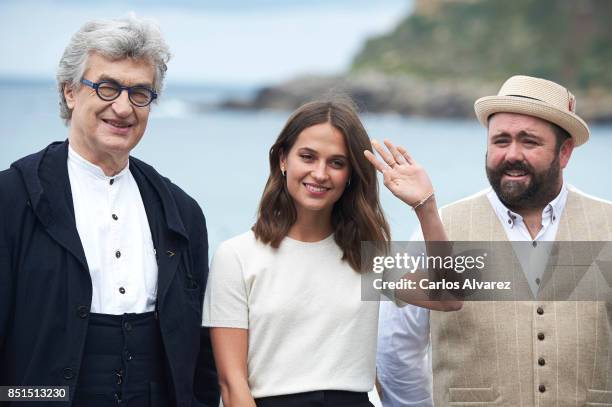 Director Wim Wenders, actress Alicia Vikander and actor Celyn Jones attend 'Submergence' photocall during the 65th San Sebastian International Film...