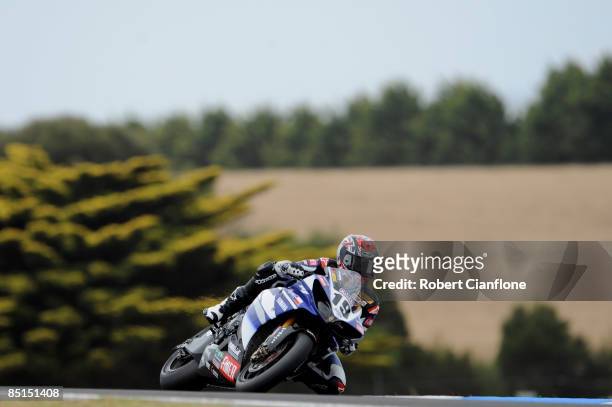 Ben Spies of the USA and the Yamaha World Superbike Team rides over Lukey Heights during the qualifying practice session for round one of the...