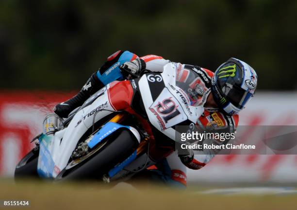 Leon Haslam of Great Britain and the Stiggy Racing Honda Team takes a corner during the qualifying practice session for round one of the Superbike...