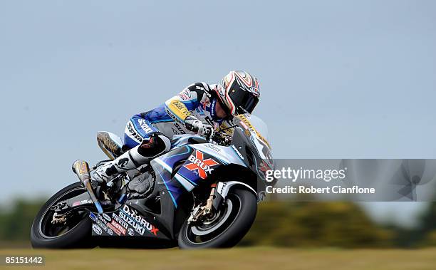 Max Neukirchner of Germany and Suzuki Alstare rides over Lukey Heights during the qualifying practice session for round one of the Superbike World...