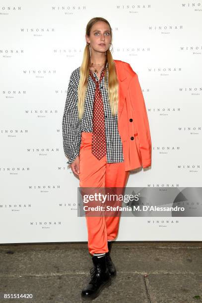 Guest attends the Winonah Presentation during Milan Fashion Week Spring/Summer 2018 at on September 22, 2017 in Milan, Italy.