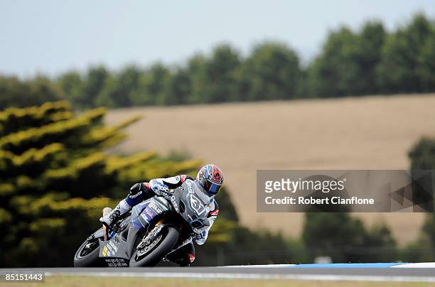 Karl Muggeridge of Australia and Celani Race Team rides over Lukey Heights during the qualifying practice session for round one of the Superbike...