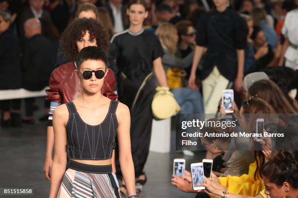 Model walks the runway at the Sportmax show during Milan Fashion Week Spring/Summer 2018 on September 22, 2017 in Milan, Italy.