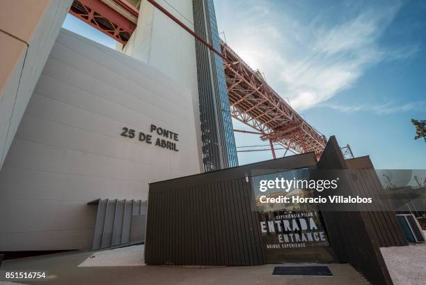 View of Pier 7 of 25 de Abril bridge, site of the "Experiencia Pilar 7" an interpretive center of the bridge that includes a panoramic viewpoint atop...