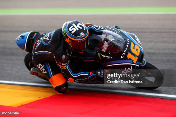 Andrea Migno of Italy and SKY Racing Team VR46 rides during Moto3 practice ahead of the MotoGP of Aragon at Motorland Aragon Circuit on September 22,...