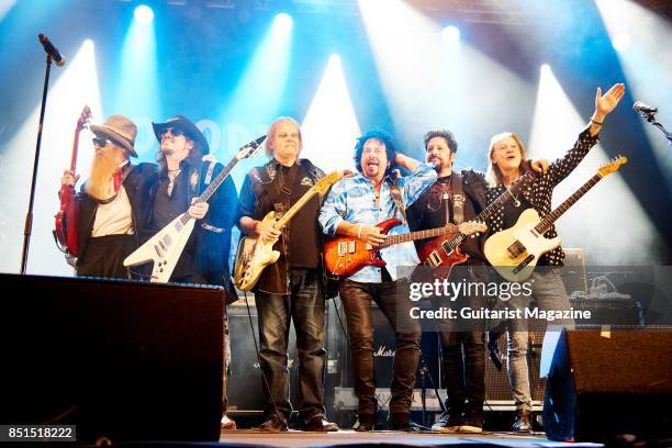 Billy Gibbons, Lance Lopez, Walter Trout, Steve Lukather, Doug Rappoport and Robben Ford of blues rock group Supersonic Blues Machine performing live...