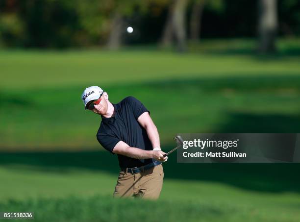 Anders Albertson hits his second shot on the third hole during the second round of the Web.com Tour DAP Championship on September 22, 2017 in...