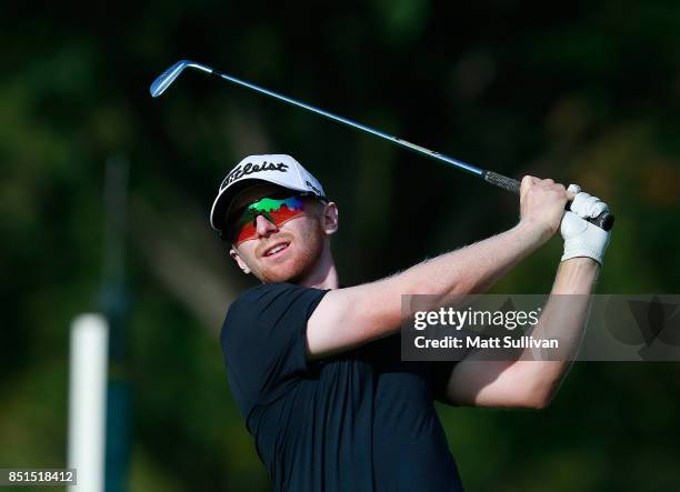 Anders Albertson watches his tee shot on the third hole during the second round of the Web.com Tour DAP Championship on September 22, 2017 in...