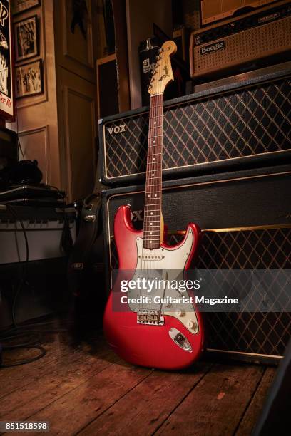 Vintage 1965 Fender Stratocaster with a Candy Apple Red finish electric guitar, taken on June 21, 2016.
