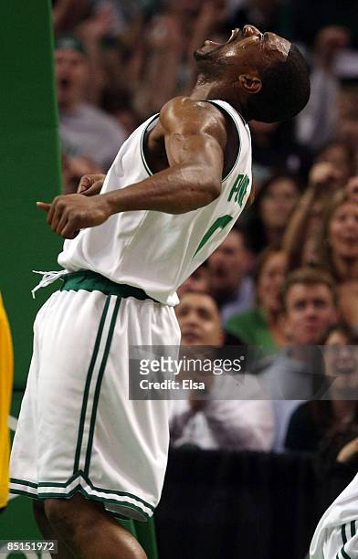 Leon Powe of the Boston Celtics celebrates the basket and drawing the foul in the fourth quarter against the Indiana Pacers on February 27, 2009 at...