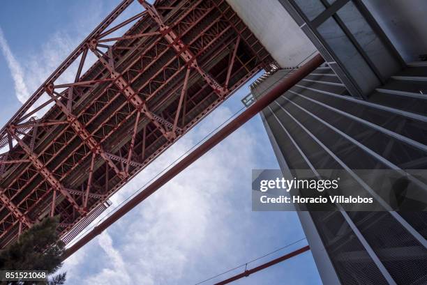 View of Pier 7 of 25 de Abril bridge, site of the "Experiencia Pilar 7" an interpretive center of the bridge that includes a panoramic viewpoint atop...