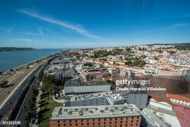 View of Lisbon and Tagus River from the viewpoint, at 80 meters over street level, of Pier 7 of 25 de Abril bridge, site of the "Experiencia Pilar 7"...