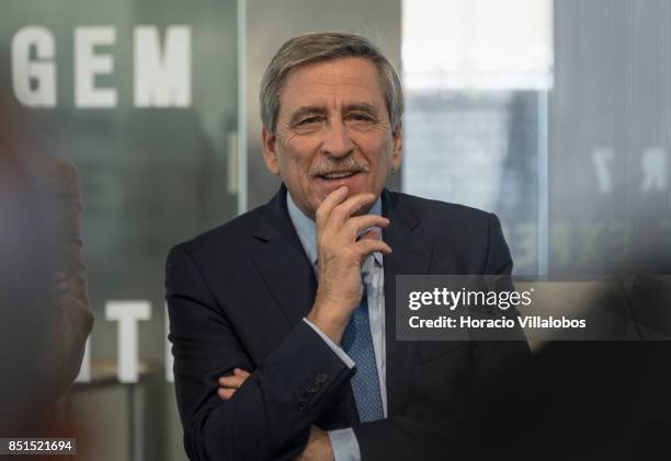 Tourism of Lisbon Deputy President Jorge Ponce de Leao briefs visiting journalists at Pier 7 of 25 de Abril bridge, site of the "Experiencia Pilar 7"...