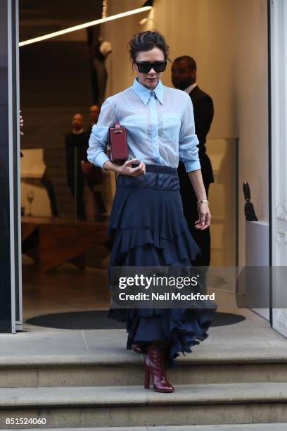 Victoria Beckham seen at her VB Dover Street Store for a live Intagram video of her VB AW17 collection on September 22, 2017 in London, England.