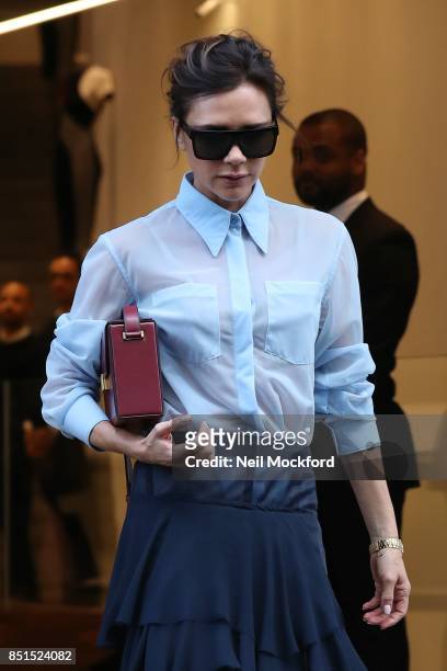 Victoria Beckham seen at her VB Dover Street Store for a live Intagram video of her VB AW17 collection on September 22, 2017 in London, England.
