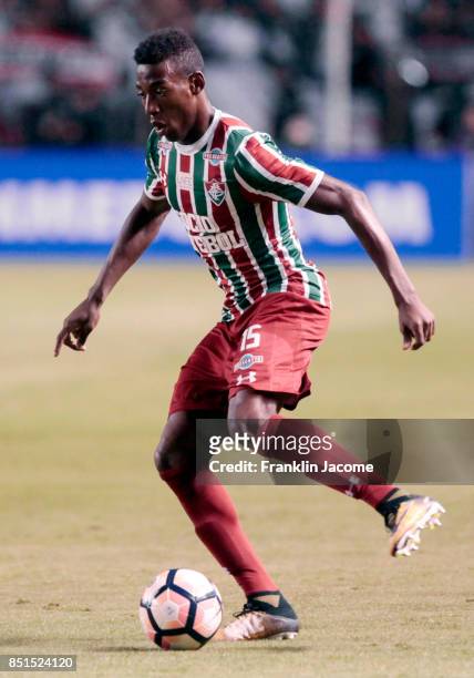 Leo Pele of Fluminense controls the ball during a second leg match between LDU Quito and Fluminense as part of round of 16 of Copa CONMEBOL...