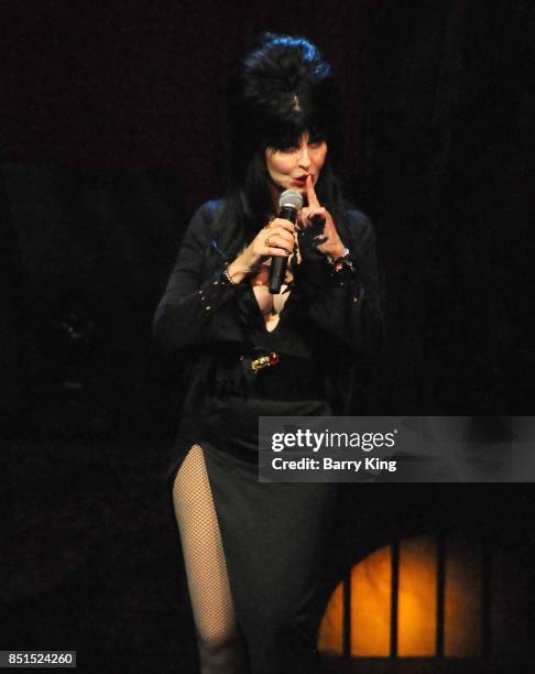 Entertainer Elvira, aka Cassandra Peterson performs her new show "Elvira, Mistress Of The Dark" at Knott's Scary Farm at Knott's Berry Farm on...