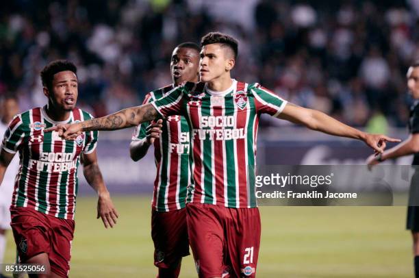 Pedro of Fluminense celebrates after scoring a goal during a second leg match between LDU Quito and Fluminense as part of round of 16 of Copa...