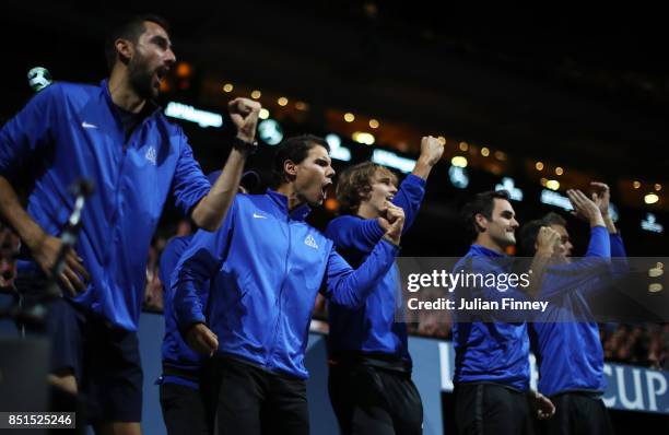 Marin Cilic, Rafael Nadal, Alexander Zverev, Roger Federer and Thomas Enqvist of Team Europe celebrate as they watch the singles match between...