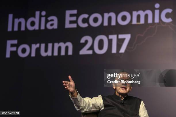 Arun Jaitley, India's finance minister, gestures as he speaks during a panel discussion at the Bloomberg India Economic Forum in Mumbai, India, on...