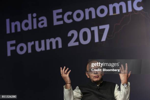 Arun Jaitley, India's finance minister, gestures as he speaks during a panel discussion at the Bloomberg India Economic Forum in Mumbai, India, on...