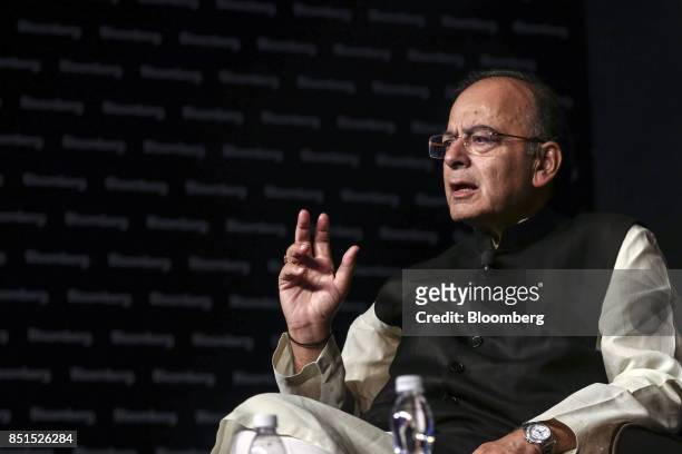 Arun Jaitley, India's finance minister, gestures as he speaks during a panel discussion at the Bloomberg India Economic Forum in Mumbai, India, on...