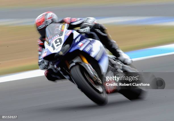 Ben Spies of the USA and the Yamaha World Superbike Team in action during the practice session for round one of the Superbike World Championship at...
