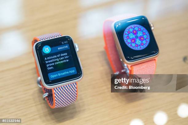 Apple Inc. Watch series 3 devices sit on display during a sales launch of Apple Inc. Products inside a store in New York, U.S., on Friday, Sept. 22,...