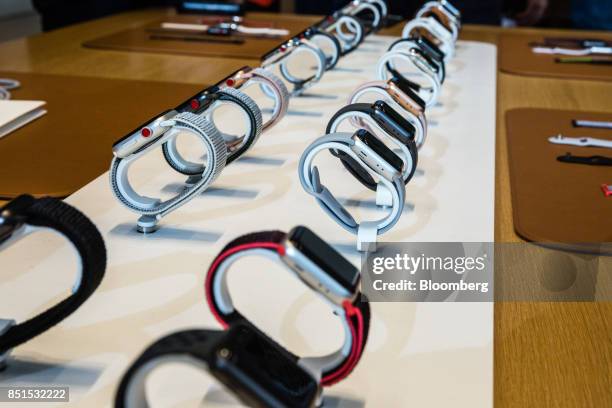 Apple Inc. Watch series 3 devices sit on display during a sales launch of Apple Inc. Products inside a store in New York, U.S., on Friday, Sept. 22,...