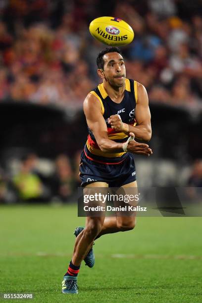 Eddie Betts of the Crows handballs during the First AFL Preliminary Final match between the Adelaide Crows and the Geelong Cats at Adelaide Oval on...