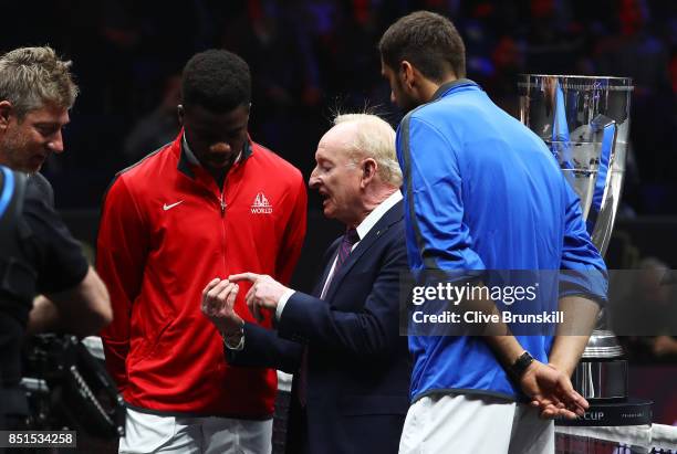 Rod Laver tosses a coin ahead of the match between Frances Tiafoe of Team World and Marin Cilic of Team Europe on the first day of the Laver Cup on...