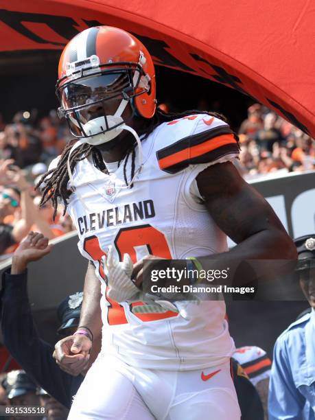 Wide receiver Sammie Coates of the Cleveland Browns runs out of the tunnel as the team is introduced to the crowd prior to a game on September 10,...