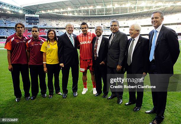 Prime Minister Kevin Rudd poses with Adelaide Captain Travis Dodd Chairman of Football Federation Australia Frank Lowy and CEO of the FFA Ben Buckley...